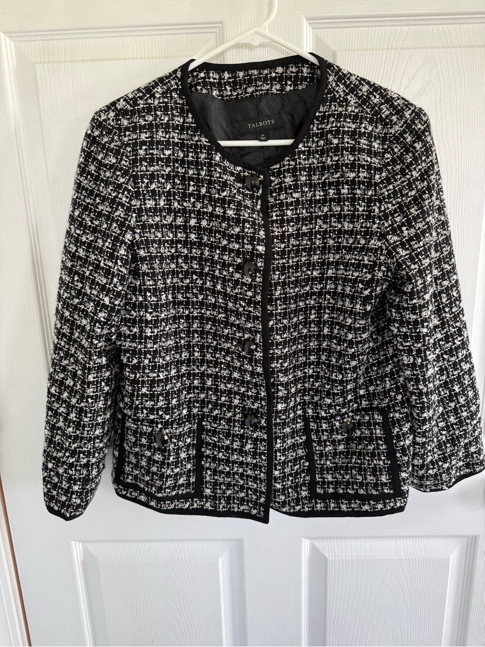 Talbots Size 14 Tweed Jacket Black White Teacher Workwear Business Fall